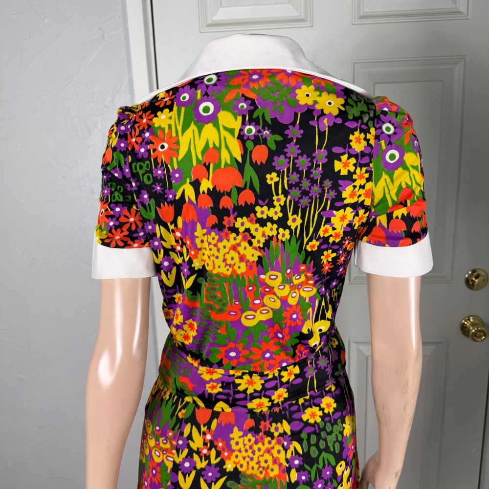 Vintage 70s Polyester Knit Mini Dress Party Skirt Top Set Floral Vibrant H3-18 - Picture 5 of 7